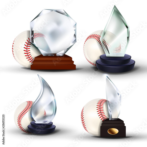 Baseball Game Award Set Vector. Ball, Glass Trophy. Tournament. Design For Sport Promotion. Certificate, Diploma. Event Announcement. Advertising Illustration