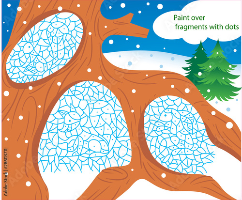 Vector illustration with a puzzle in which it is necessary to paint over fragments with dots to find out which animals hibernate where.