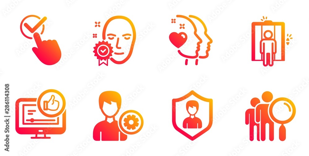 Checkbox, Support and Security agency line icons set. Like video, Heart and Face verified signs. Elevator, Search people symbols. Approved, Edit profile. People set. Vector