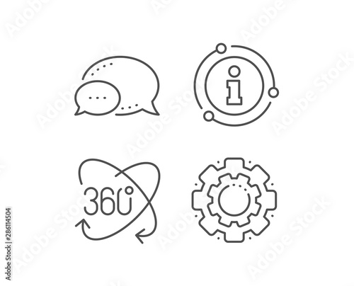 360 degree line icon. Chat bubble, info sign elements. Full rotation sign. VR technology simulation symbol. Linear full rotation outline icon. Information bubble. Vector