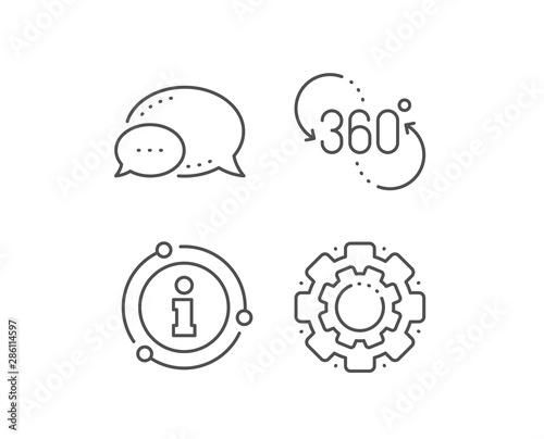360 degree line icon. Chat bubble, info sign elements. VR technology simulation sign. Panoramic view symbol. Linear 360 degree outline icon. Information bubble. Vector