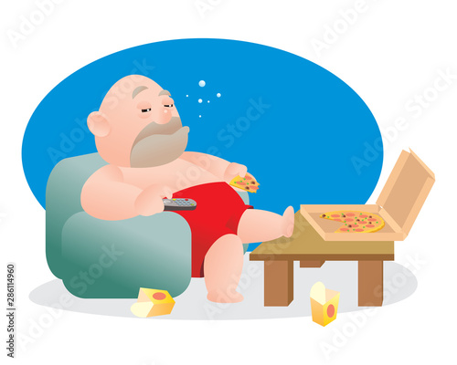 Vector illustration of bald fat man stuck on sofa or watching TV with pizza and junk food. Concept of lost job or unhappy man.middle age crisis. Sadness, job lost, breaking relation ship concept.