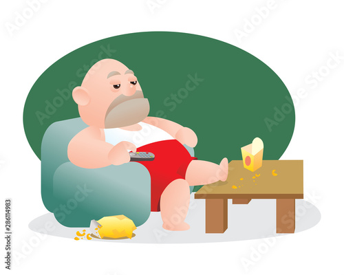 Vector illustration of bald fat man stuck on sofa or watching TV with potato chip and junk food.Concept of lost job or unhappy man.middle age crisis. Sadness, job lost, breaking relation ship concept.
