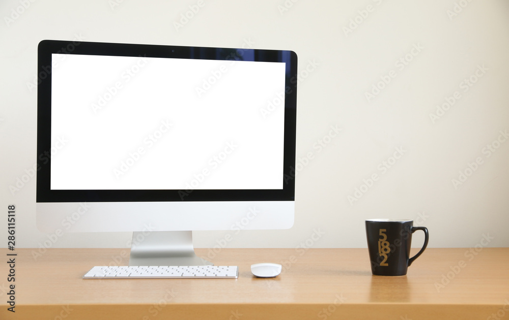 blank screen Computer, Desktop PC. for business on work table front view blank screen Computer, Desktop PC. for business on work table front view