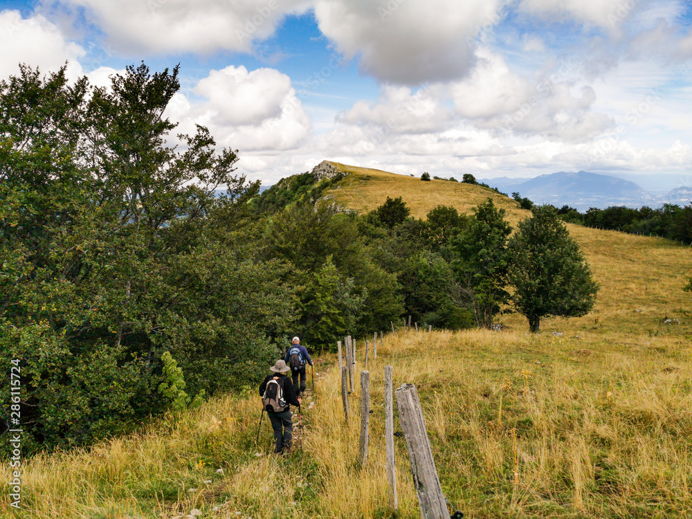 Deux randonneurs à sur les crêtes du plateau de Sur Lyand, Valromey-Retord, Arvière-en-Valromey, Grand Colombier, massif forestier, Ain, France