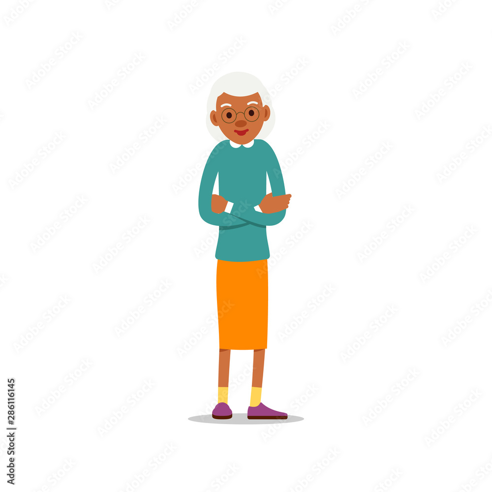 Happy african old woman. Cute grandmother standing and smiling. Traditional retirement lifestyle. Older black lady retired. Cartoon illustration isolated on white background in flat style