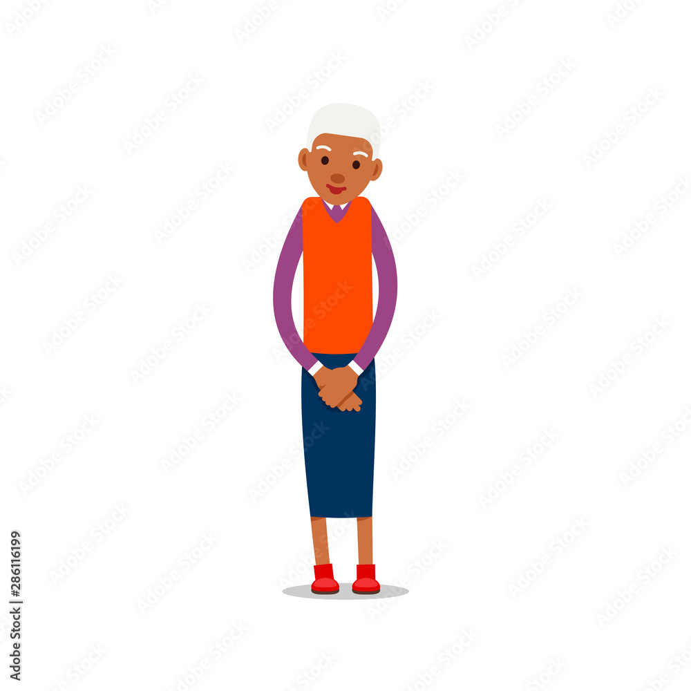 Happy african old woman. Cute grandmother standing and smiling. Traditional retirement lifestyle. Older black lady retired. Cartoon illustration isolated on white background in flat style