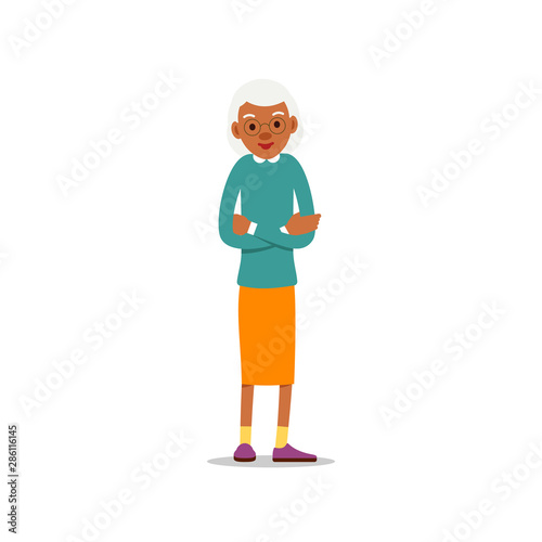 Happy african old woman. Cute grandmother standing and smiling. Traditional retirement lifestyle. Older black lady retired. Cartoon illustration isolated on white background in flat style