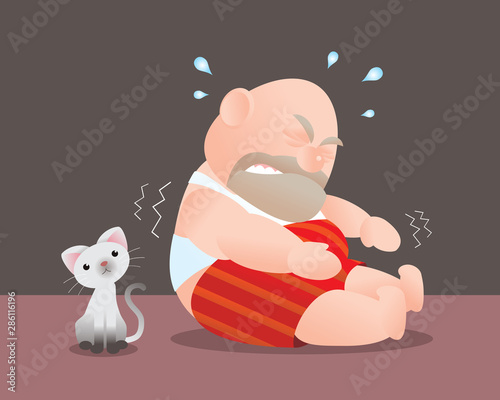 Funny vector illustration of fat bald man doing sit up excercising. Poor man lift  his torso up try to touch his foot. Concept of Strong healthy fat man.