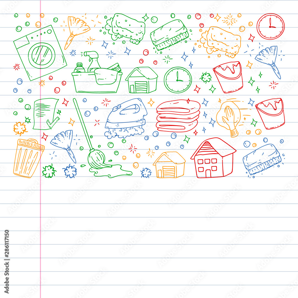 Cleaning services company vector pattern, drawing in exercise book.