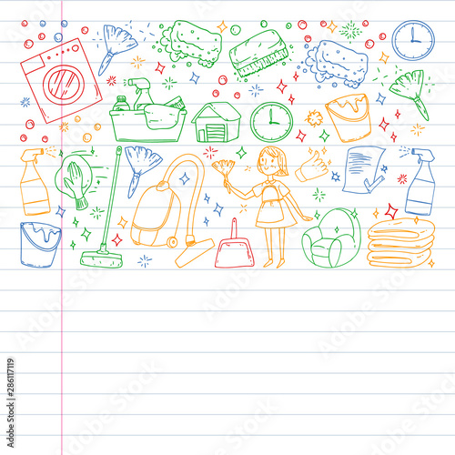 Cleaning services company vector pattern, drawing in exercise book.
