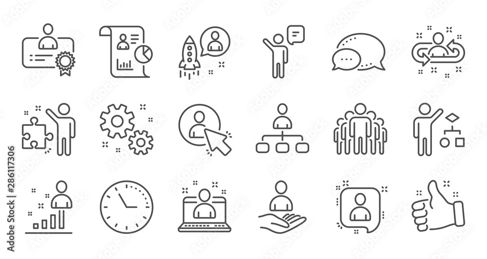 Management line icons. Business people, Algorithm and Group. Startup strategy linear icon set. Quality line set. Vector