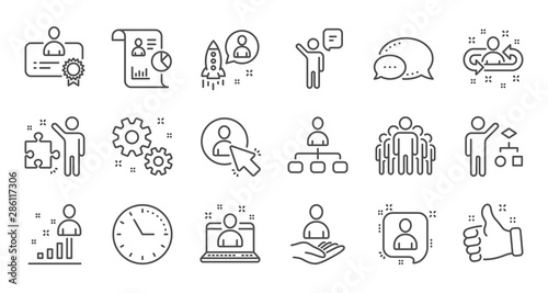 Management line icons. Business people, Algorithm and Group. Startup strategy linear icon set. Quality line set. Vector