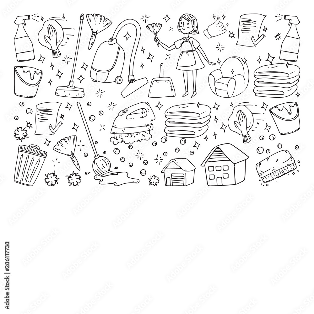 cleaning services company vector monochrome pattern on white background, drawing. cleaning services company vector monochrome pattern on white background, drawing.