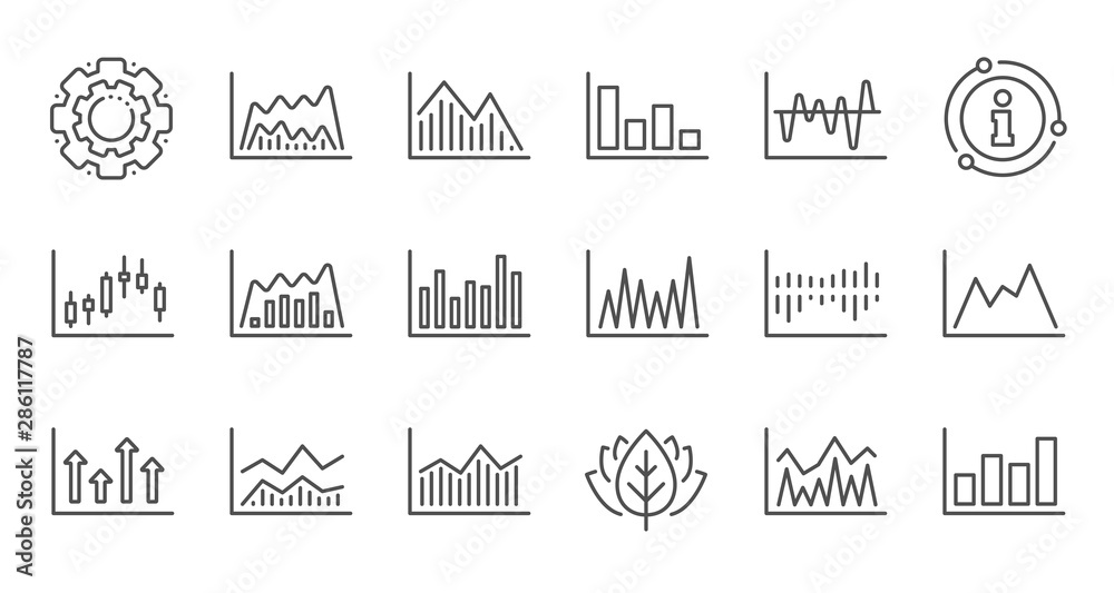 Charts and graphs line icons. Candlestick graph, Infochart and Report diagram. Presentation linear icon set. Quality line set. Vector Charts and graphs line icons. Candlestick graph, Infochart and Report diagram. Presentation linear icon set. Quality line set. Vector