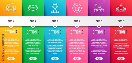 Bicycle parking, Arena and Change clothes line icons set. Infographic timeline. Laureate, Winner podium and Arena stadium signs. Bike park, Sport stadium, Shirt. Award shield. Sports set. Vector
