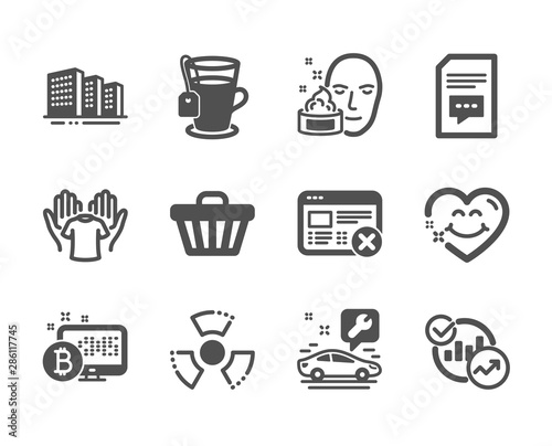 Set of Business icons, such as Face cream, Hold t-shirt, Shop cart, Statistics, Smile face, Comments, Bitcoin system, Car service, Reject web, Chemical hazard, Buildings, Tea. Face cream icon. Vector