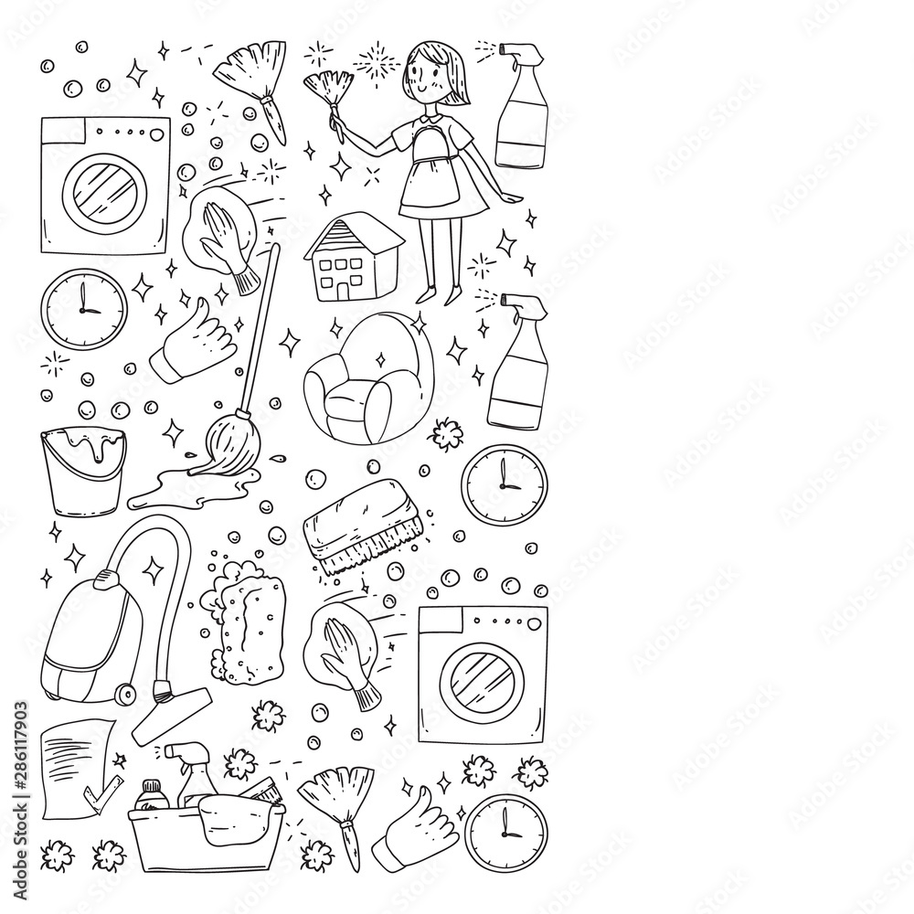 cleaning services company vector monochrome pattern on white background, drawing. cleaning services company vector monochrome pattern on white background, drawing.