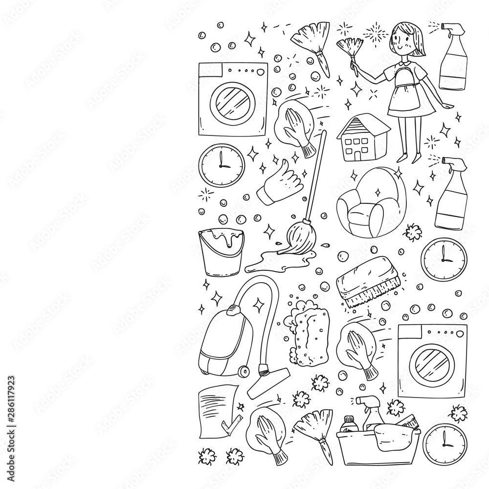 cleaning services company vector monochrome pattern on white background, drawing.