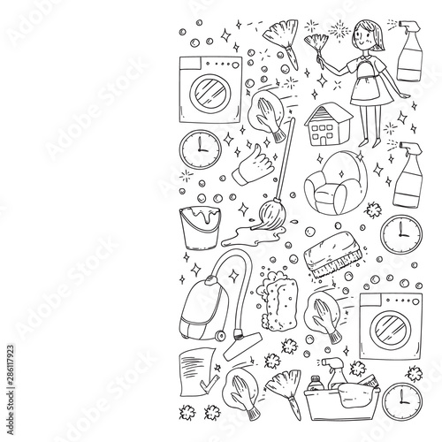 cleaning services company vector monochrome pattern on white background  drawing.
