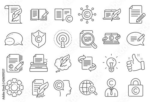 Copywriting book line icons. Set of Copyright protection, Signature and Feedback icons. Typewriter, Idea and message copywriting. Write book, legal copyright, content author. Light bulb. Vector
