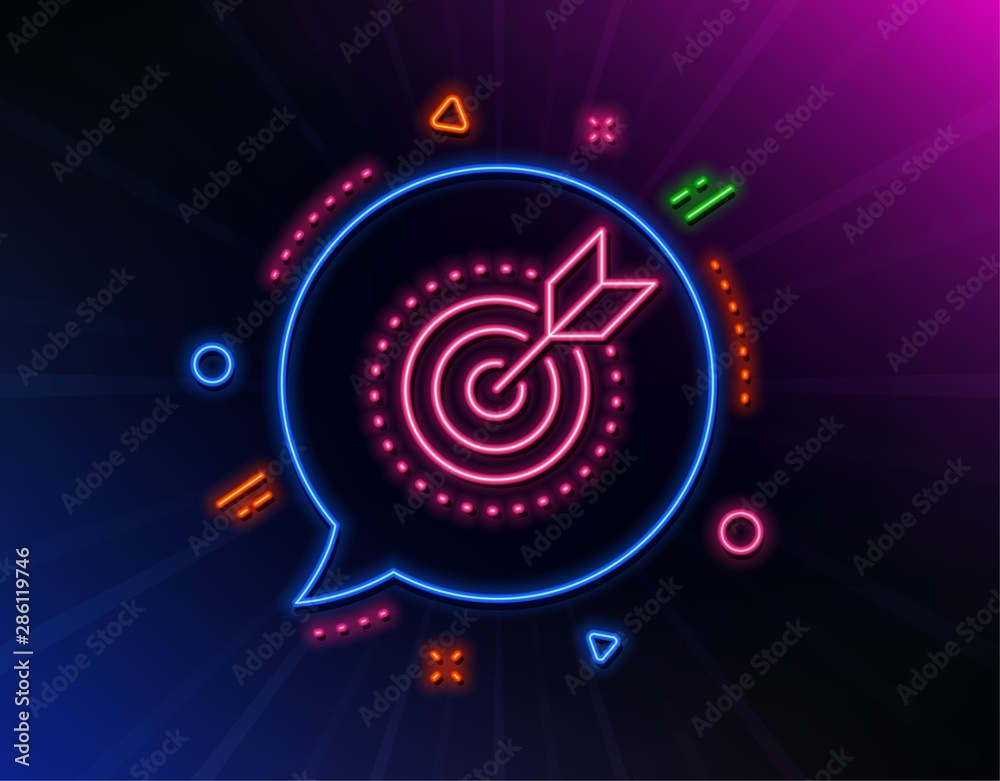 Target purpose line icon. Neon laser lights. Stratery goal sign. Core value symbol. Glow laser speech bubble. Neon lights chat bubble. Banner badge with target purpose icon. Vector