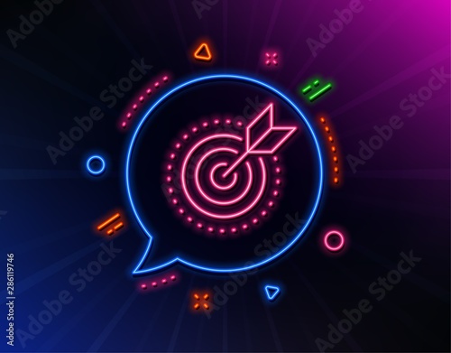 Target purpose line icon. Neon laser lights. Stratery goal sign. Core value symbol. Glow laser speech bubble. Neon lights chat bubble. Banner badge with target purpose icon. Vector