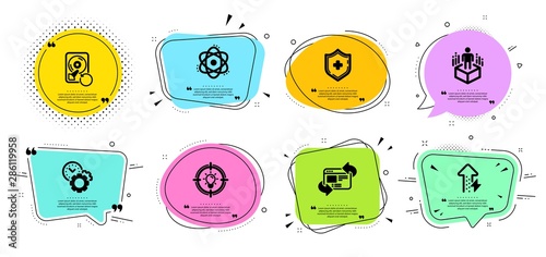 Refresh website, Augmented reality and Time management line icons set. Chat bubbles with quotes. Energy growing, Recovery hdd and Medical shield signs. Idea, Atom symbols. Vector