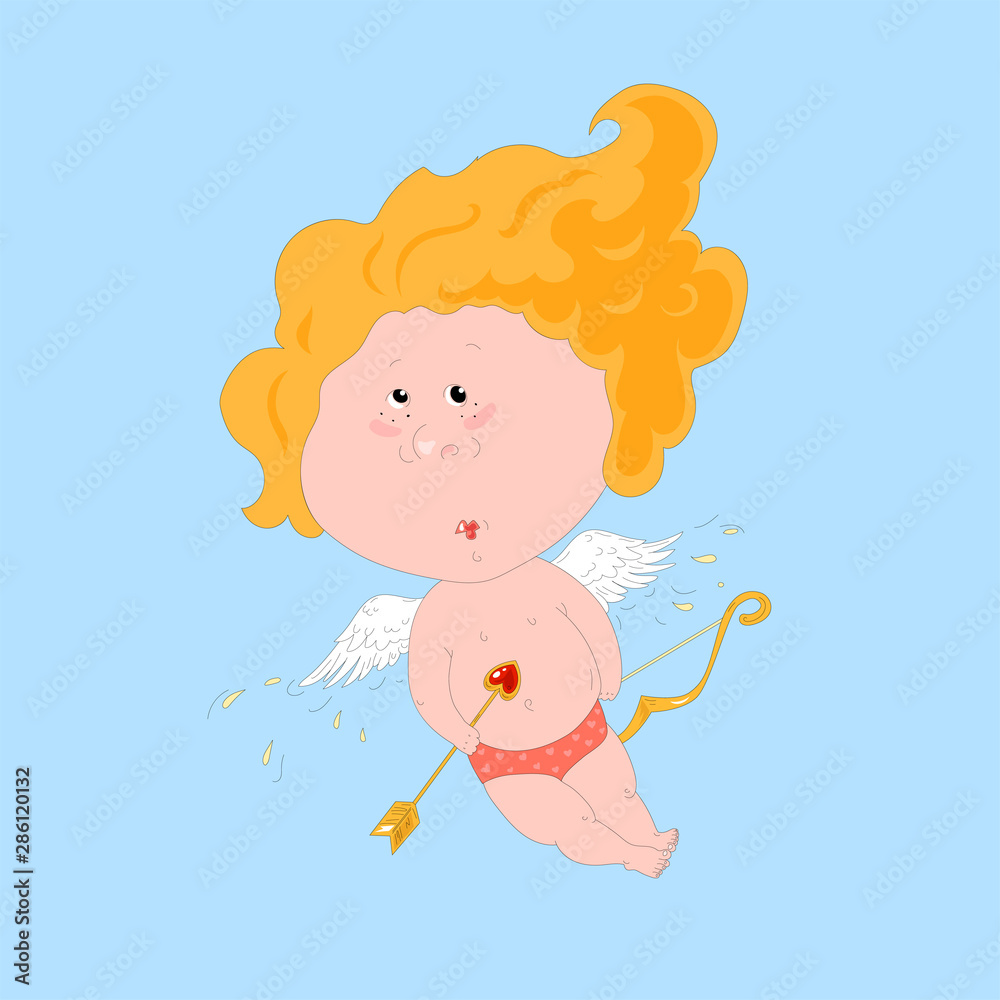 Cute cartoon angel cupidon with bow and arrows flies in the sky. Beautiful character for wedding and Valentines day design. Cute cartoon angel cupidon with bow and arrows flies in the sky. Beautiful character for wedding and Valentines day design.