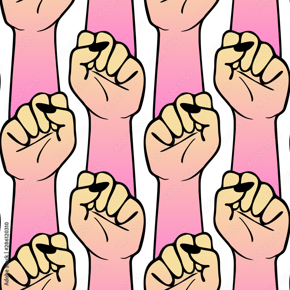 Seamless pattern with women’s or girl’s clenched fists raised up