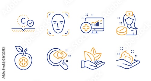 Organic product, Medical food and Medical analytics line icons set. Face detection, Vision test and Collagen skin signs. Nurse, Skin care symbols. Leaf, Apple. Healthcare set. Vector