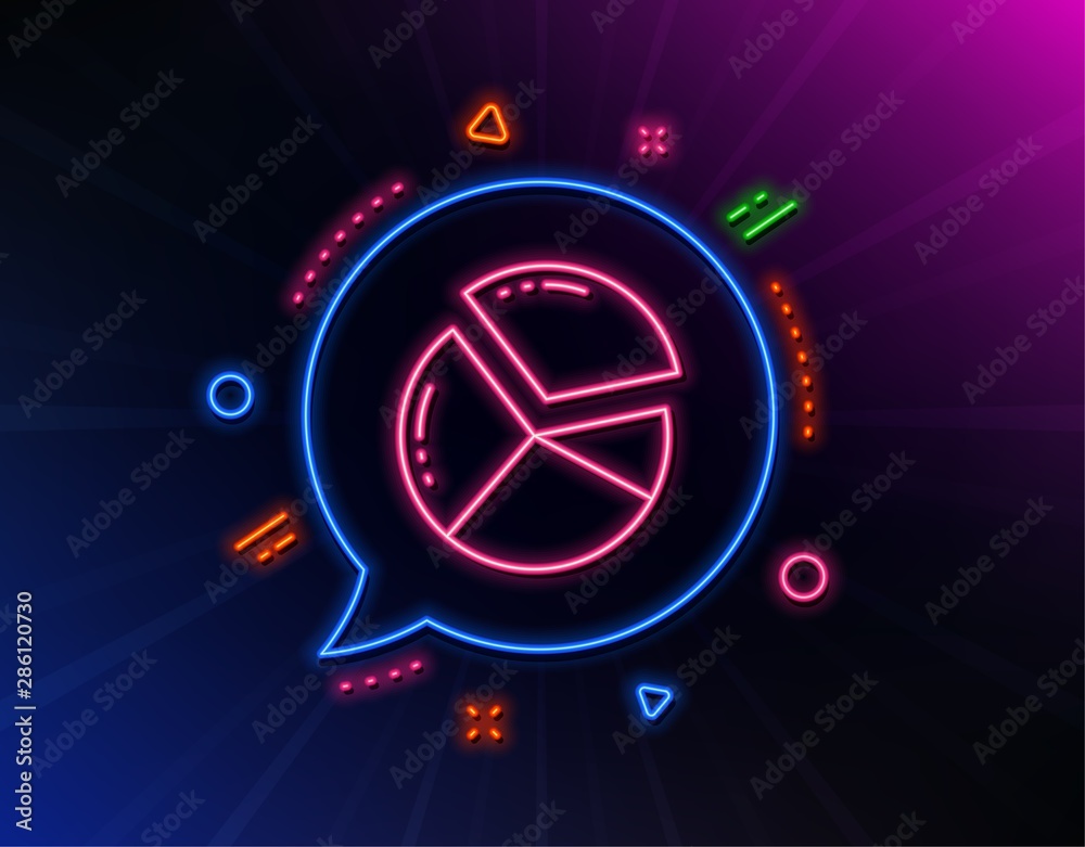 Pie chart line icon. Neon laser lights. Presentation graph sign. Market analytics symbol. Glow laser speech bubble. Neon lights chat bubble. Banner badge with pie chart icon. Vector Pie chart line icon. Neon laser lights. Presentation graph sign. Market analytics symbol. Glow laser speech bubble. Neon lights chat bubble. Banner badge with pie chart icon. Vector