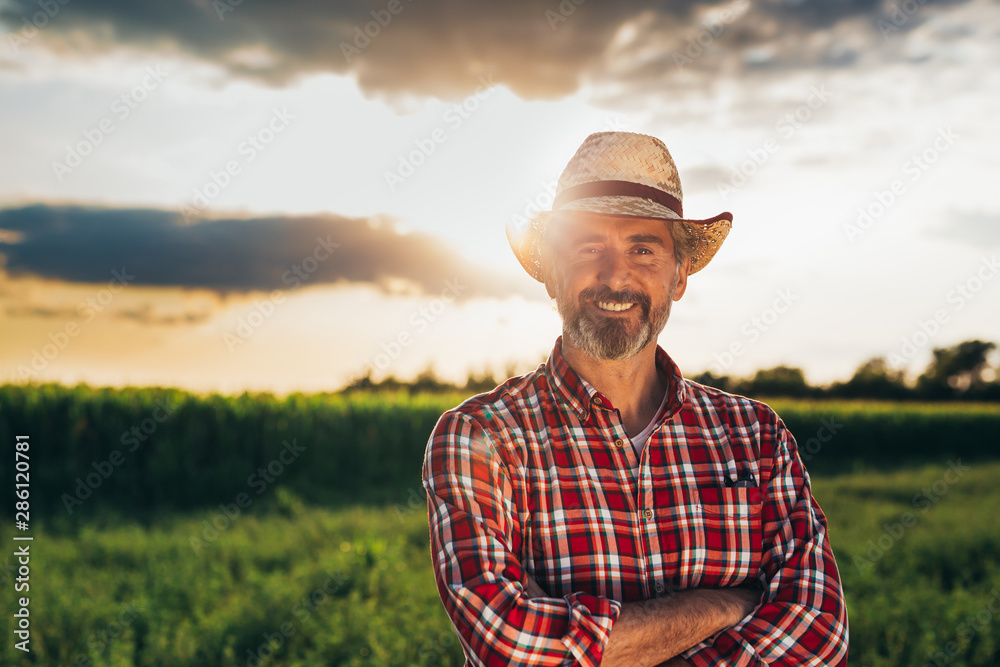 portrait of middle aged bearded man with hat, standing arms crossed and looking at camera, outdoors in meadow