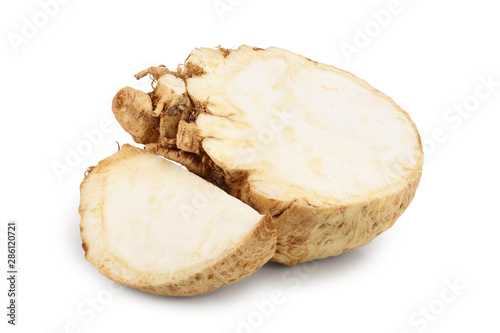 Fresh celery root half isolated on white background