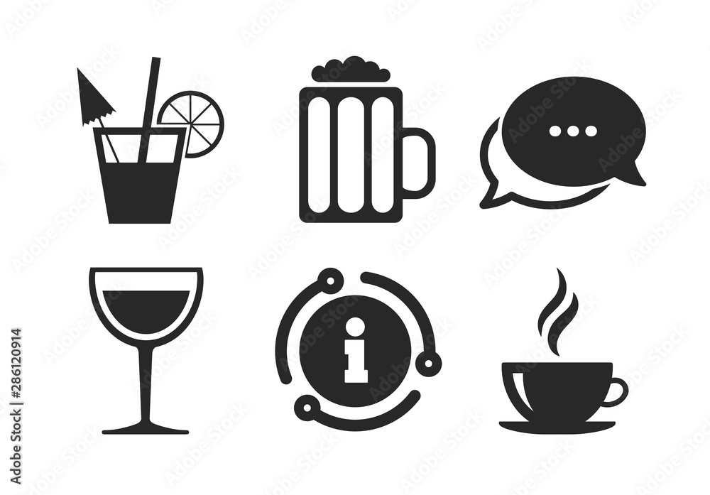 Coffee cup and glass of beer symbols. Chat, info sign. Drinks icons. Wine glass and cocktail signs. Classic style speech bubble icon. Vector Coffee cup and glass of beer symbols. Chat, info sign. Drinks icons. Wine glass and cocktail signs. Classic style speech bubble icon. Vector