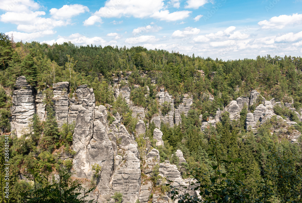 Sandstone rock formations as seen from the Bastei Bridge in the Saxon Switzerland.