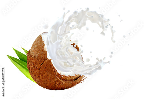Fresh coconut milk wave 3D splash with coconut isolated. Glossy shining vegan milk, smoothie, non dairy organic coconut milk, cream, shampoo, cosmetic milky splash. Liquid splash label design element