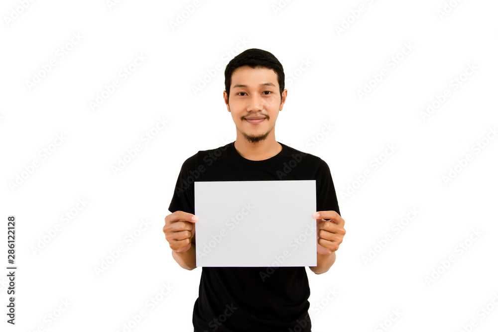 Happy young man showing and displaying placard ready for your text or product - Image asian asia Happy young man showing and displaying placard ready for your text or product - Image asian asia