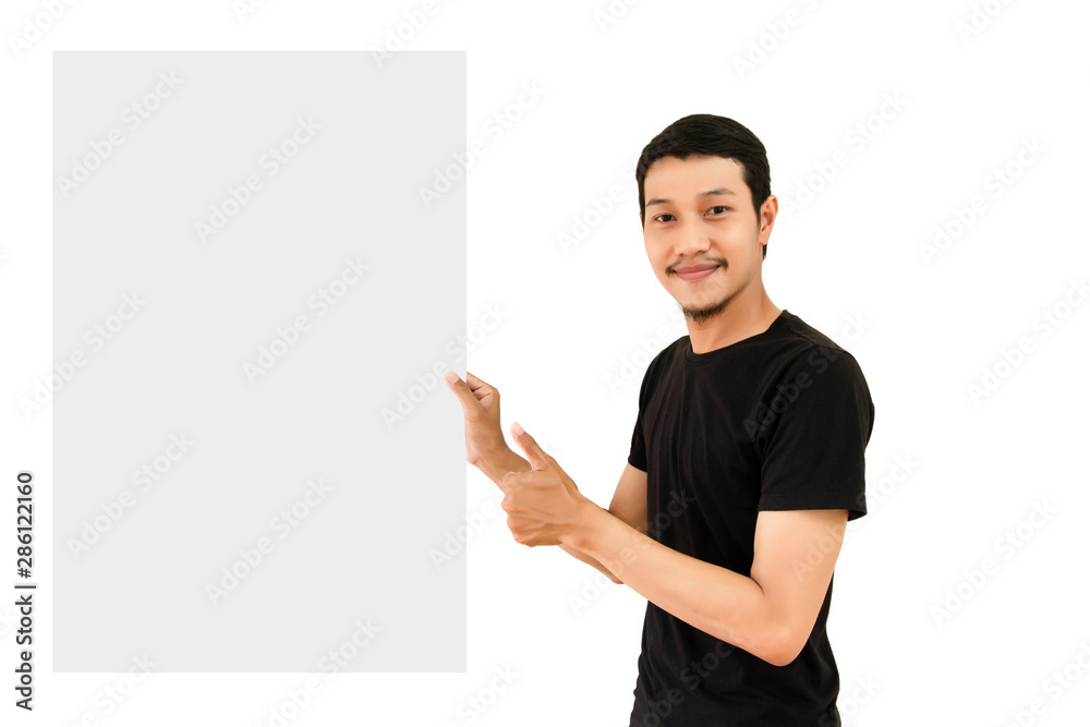 Happy young man showing and displaying placard ready for your text or product - Image asian asia Happy young man showing and displaying placard ready for your text or product - Image asian asia