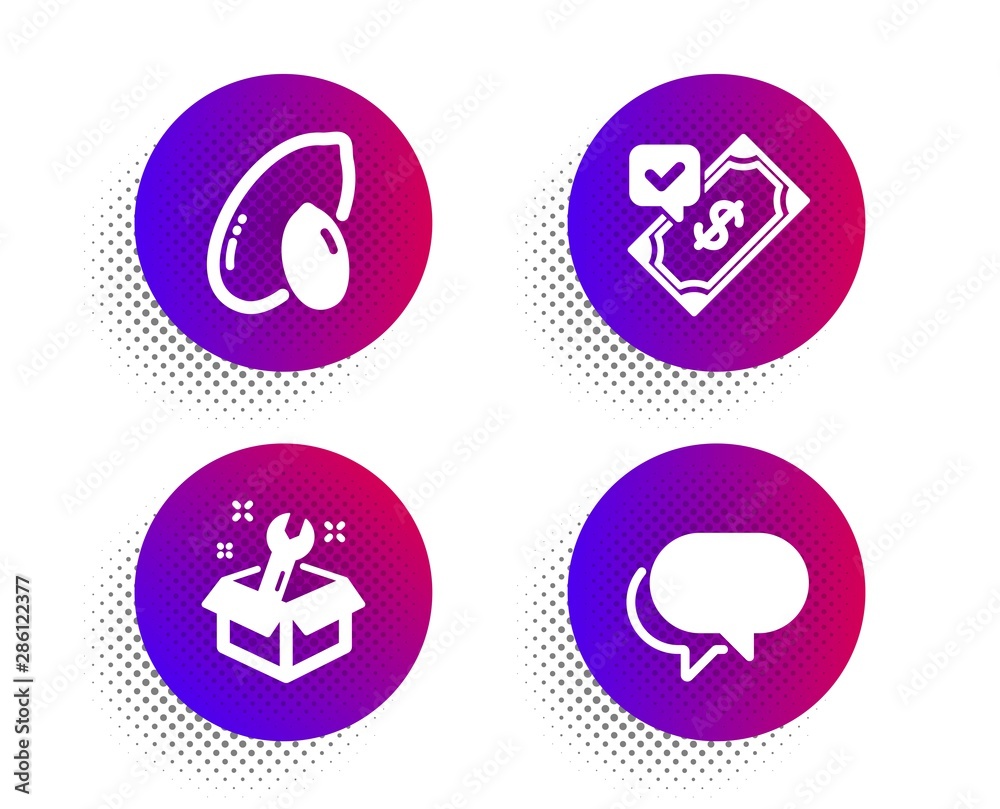 Peanut, Spanner and Accepted payment icons simple set. Halftone dots button. Talk bubble sign. Vegetarian nut, Repair service, Bank transfer. Chat message. Business set. Vector