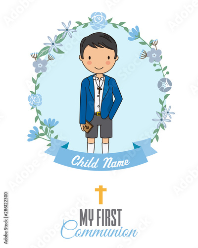 Invitation my first communion. Boy inside a flower frame