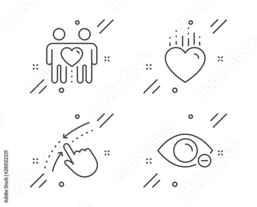 Friends couple, Heart and Swipe up line icons set. Myopia sign. Friendship, Love, Touch down. Eye vision. People set. Line friends couple outline icon. Vector