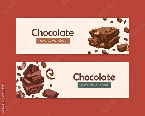 Bundle of elegant web banner templates with chocolate bars, sweet tasty organic desserts, natural delicious confections. Decorative vector illustration for shop, store or confectionery advertisement.