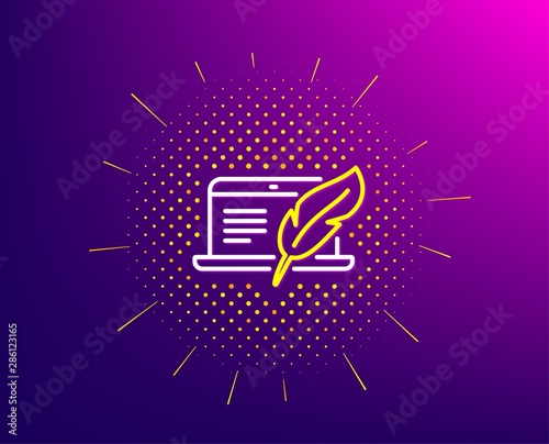 Copywriting notebook line icon. Halftone pattern. Ð¡opyright feather sign. Media content symbol. Gradient background. Copyright laptop line icon. Yellow halftone pattern. Vector