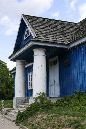 Typical blue wooden house in Lithuania, Trakai.
