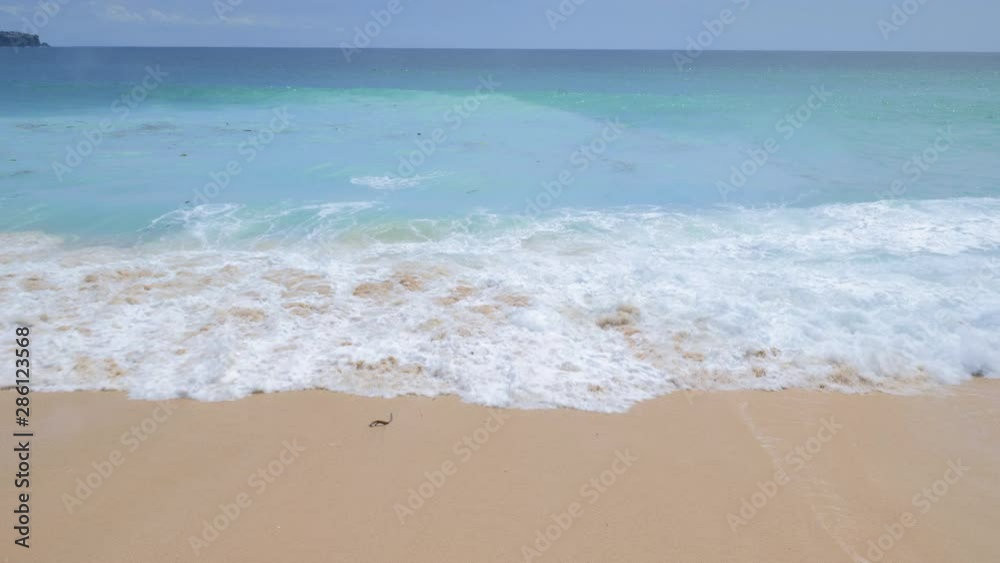 Panorama of a tropical beach with beautiful bright blue water polluted with garbage near yellow sand in hot sunny day Panorama of a tropical beach with beautiful bright blue water polluted with garbage near yellow sand in hot sunny day