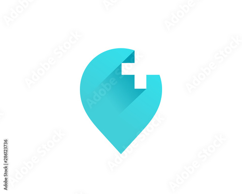Cross plus geotag or location pin medical logo icon design