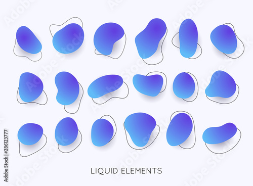 Set of abstract liquid shape. Gradient iridescent shapes. Set isolated liquid elements of holographic design.