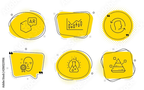 Augmented reality, Face verified and Pyramid chart signs. Chat bubbles. Face id, Financial diagram and Chemistry lab line icons set. Identification system, Candlestick chart, Laboratory. Vector