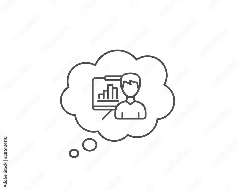 Presentation board line icon. Chat bubble design. Column graph sign. Growth diagram symbol. Outline concept. Thin line presentation board icon. Vector Presentation board line icon. Chat bubble design. Column graph sign. Growth diagram symbol. Outline concept. Thin line presentation board icon. Vector